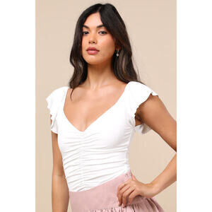 Lulus A Little Bit Of Love Ivory Ruched Flutter Sleeve Bodysuit White - Size XS